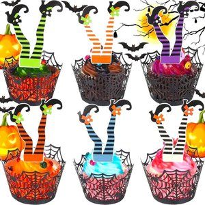 12 Halloween Cake Topper Witch Legs Cup Cake Party Decoration Funny NEW GIFT